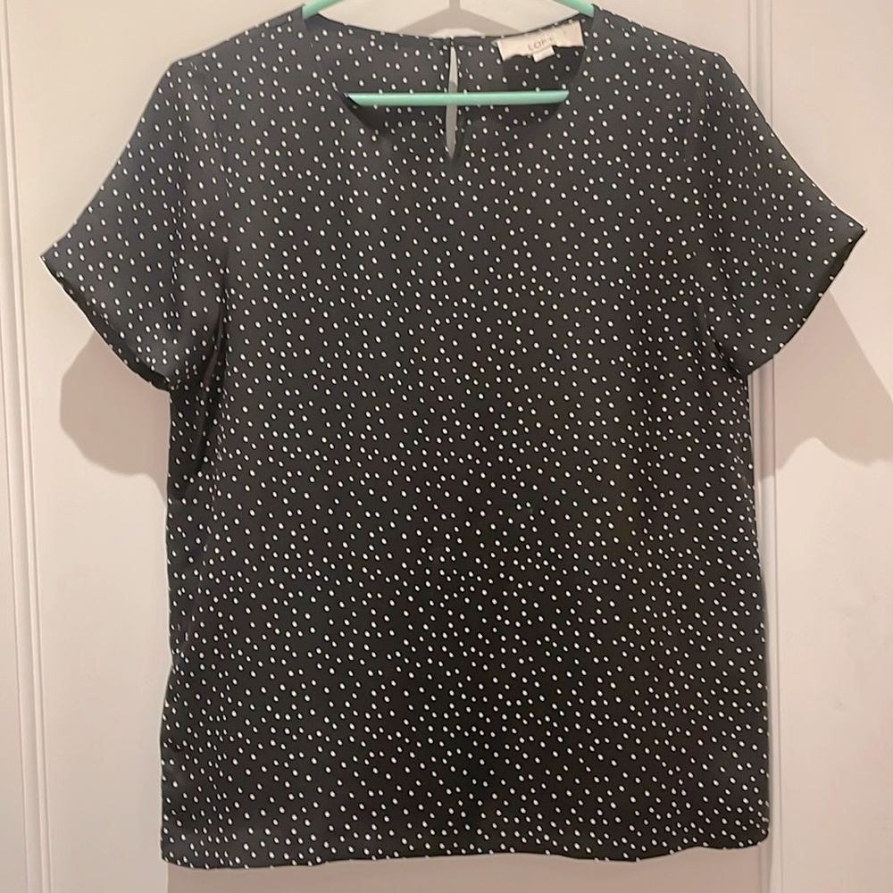 LOFT polka dot short sleeve blouse with back keyhole